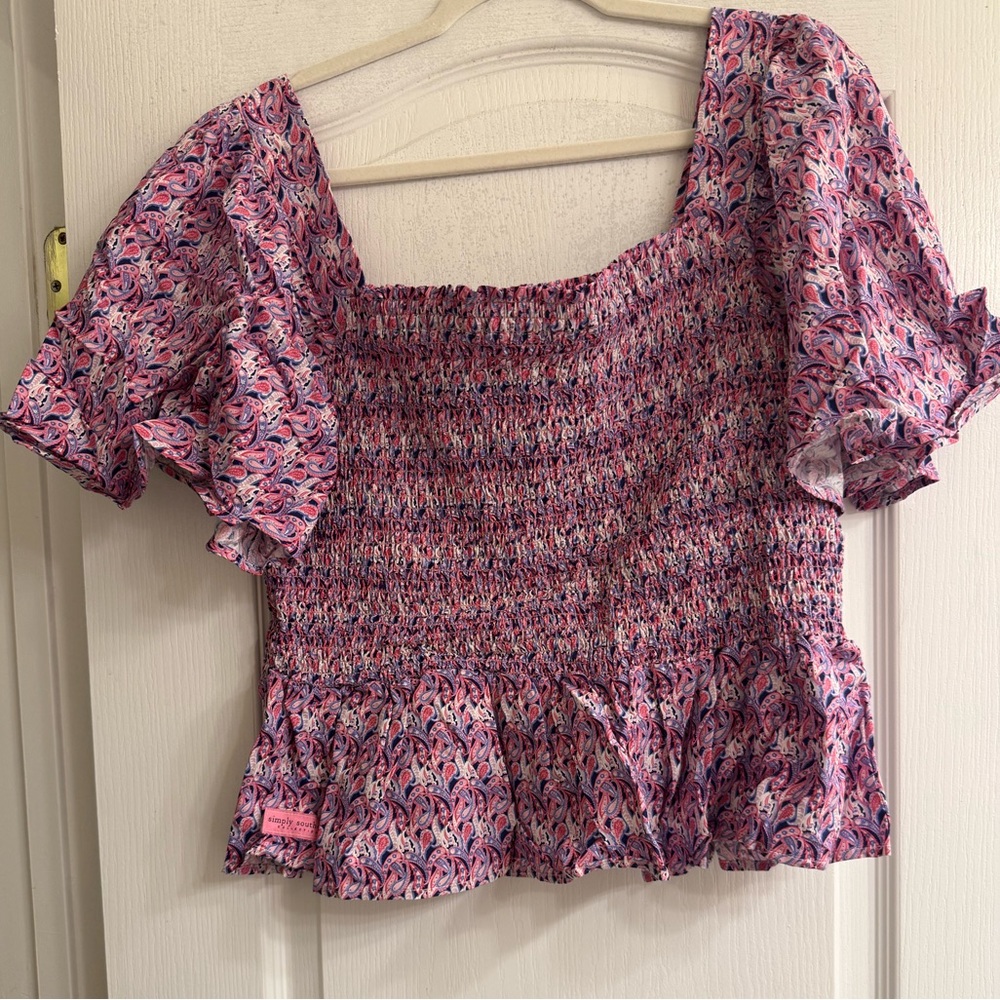 Simply Southern Pink Purple Paisley Shirred Smocked Blouse Top - size XL - Picture 2 of 12